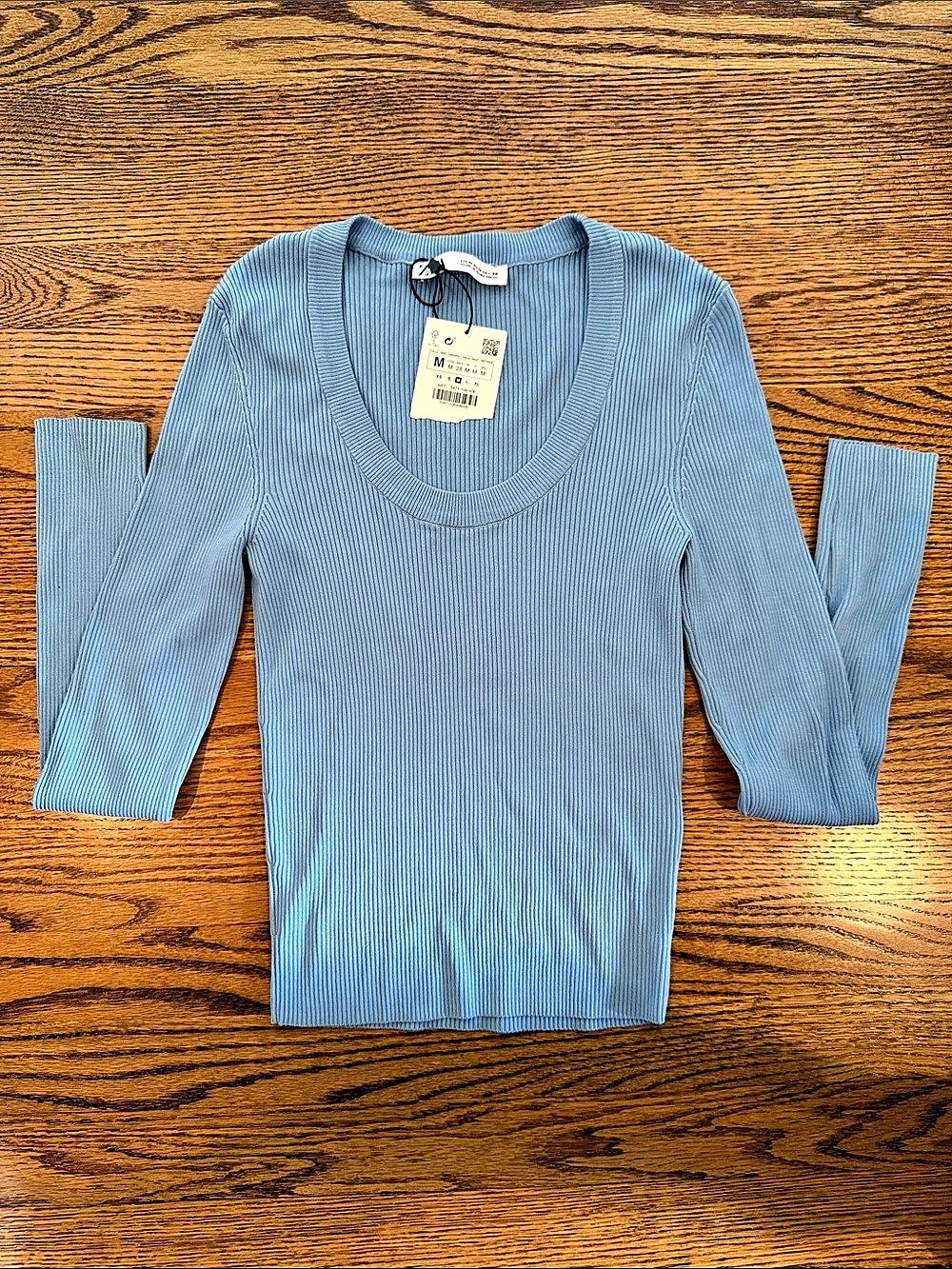 Zara Knit Round Neck Top Ribbed Blue Medium NWT